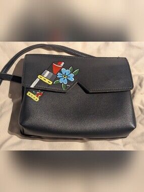 Custom Painted Black Leather Crossbody Bag with Floral & Lipstick Motif.